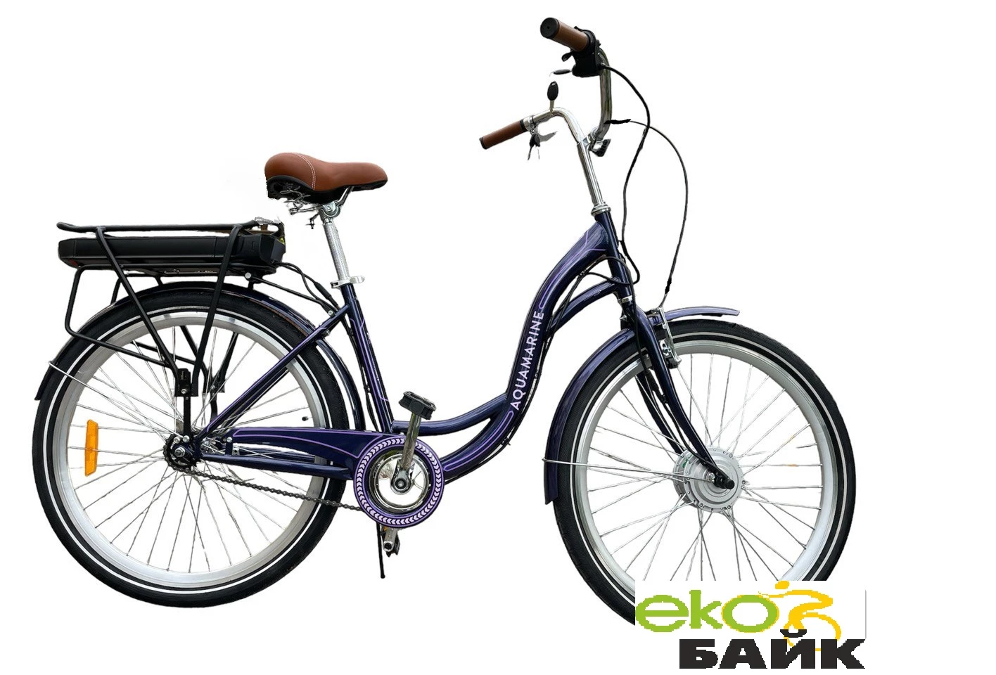 Велосипед з електроприводом 26" сталь Dorozhnik eAQUAMARINE рама-17" 36B 12.5А*г з кріпл. до багажн. 350Вт перед. темно-фіолетовий з крилом St 2024, ELB-D-26-175