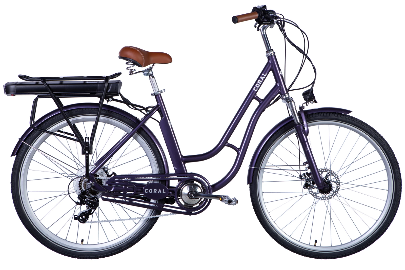 Велосипед с электроприводом 28" алюминий Dorozhnik eCORAL рама-19" 48B 12.5А*г с креп. к багажн. 500Вт задн. сливовой с крылом St 2024, ELB-D-28-046