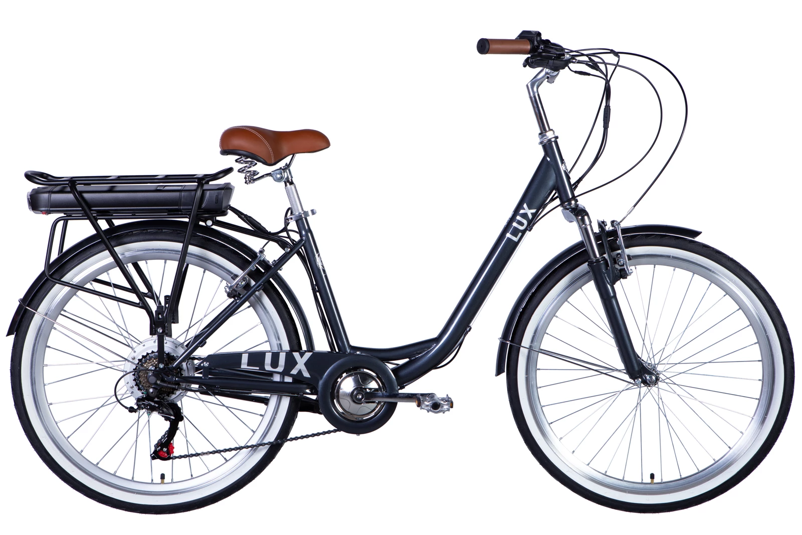 Велосипед з електроприводом 26" сталь Dorozhnik eLUX AM рама-17" 36B 12.5А*г з кріпл. до багажн. 500Вт задн. темно-сiрий з крилом St 2024, ELB-D-26-171