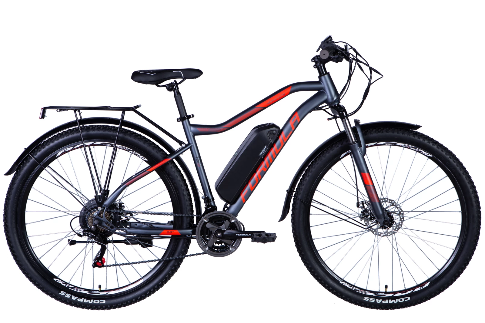 Велосипед з електроприводом 29" ST Formula eHEAVY DUTY AM DD рама-19" 36B 12.5 з кріпл. на раму 500Вт задн. сіро-червоний (матовий) з крилом St с багажн. 2024, ELB-FR-29-185
